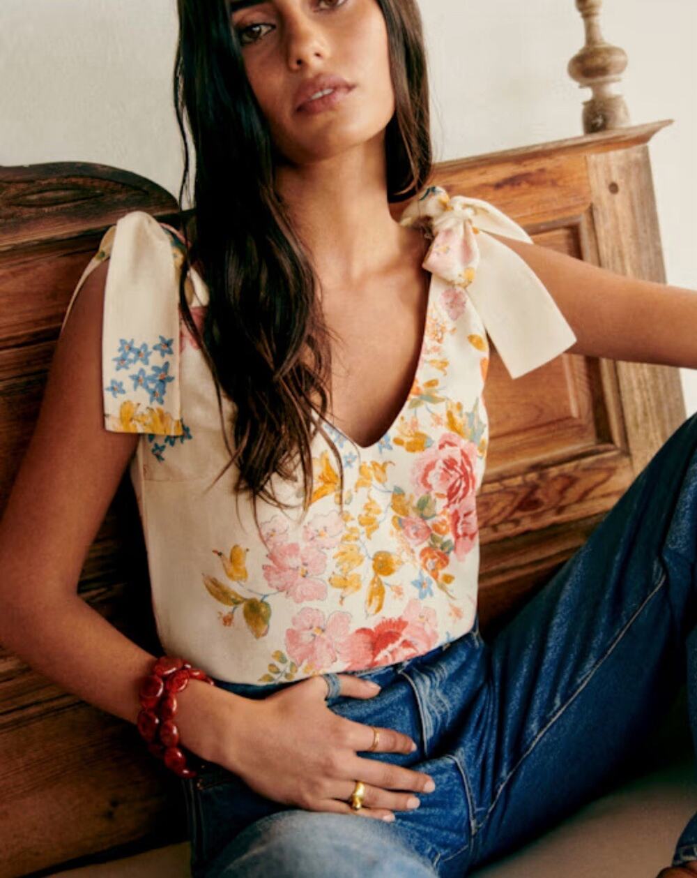 Sezane Lara Blouse Sz 38 Or Small White Floral Calvi Print